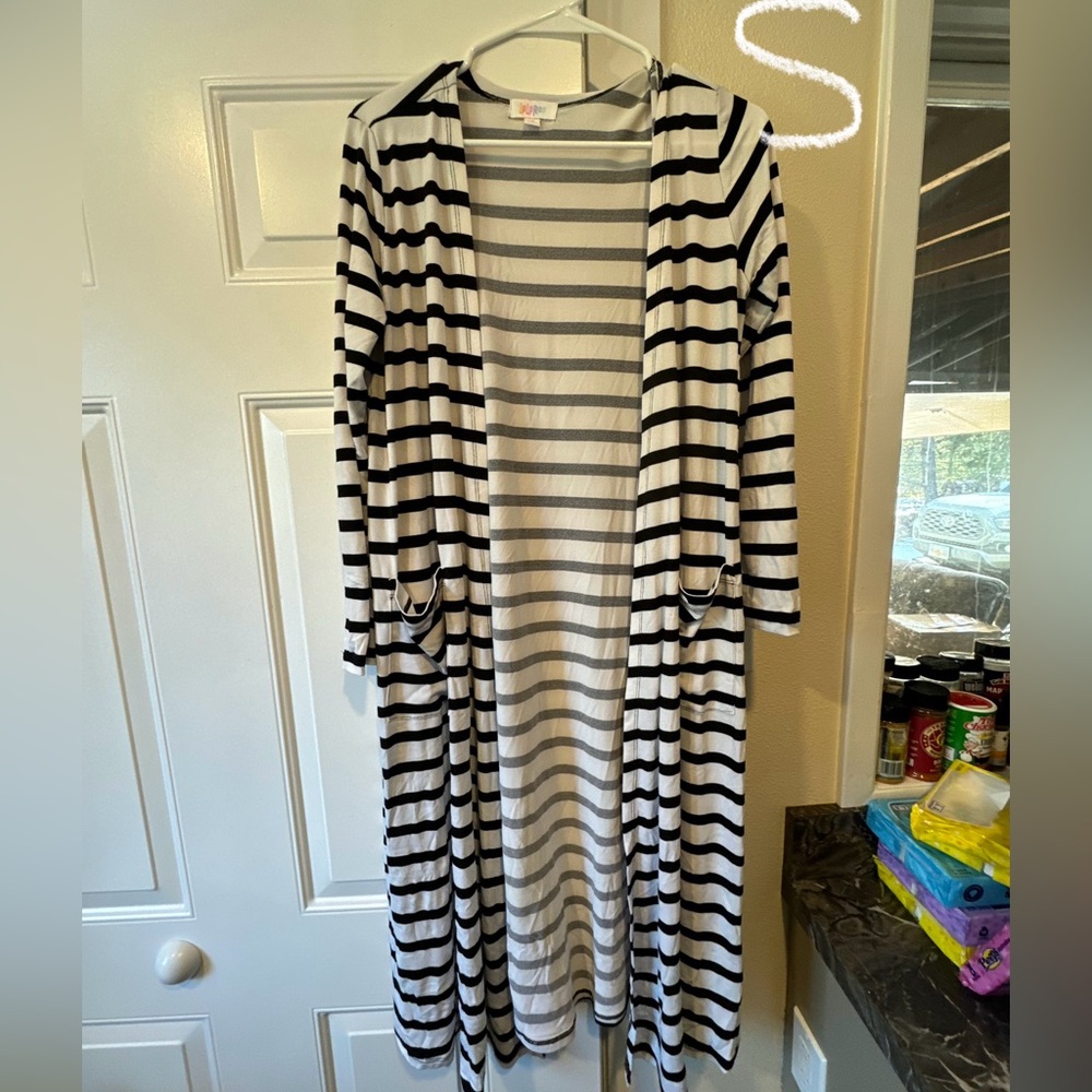 LulaRoe Black and White Striped Long Cardigan
